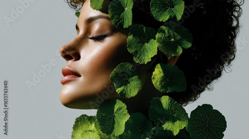 Profile of a woman highlighting centella asiatica for skin health against a white backdrop