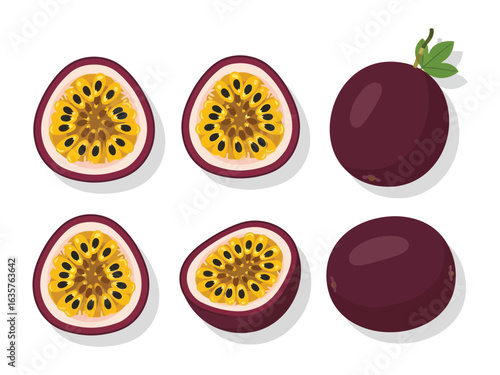 Passion Fruit: A close-up of the unique passion fruit, showcasing its juicy, vibrant pulp, along with its skin and structure