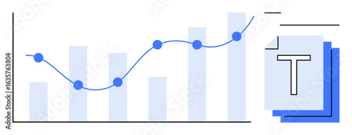 Bar chart with trendline alongside text formatting blocks. Ideal for analytics, reporting, data trends, business projects, academic research, presentations, simple landing page