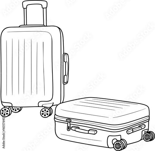 Line art drawing of two modern suitcases, one standing and one lying down, perfect for travel, vacation, and airport-themed design projects
