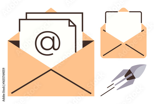 Open envelopes containing letters, an sign, and a dynamic rocket signify email, messaging, and fast online communication. Ideal for digital correspondence, technology, productivity, connection