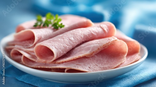 Slices of cultured deli ham on a plate with an augmented reality projection above