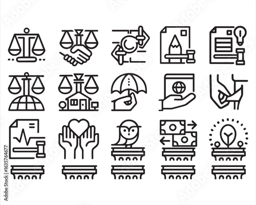 Law and justice, bold line icons