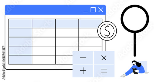 Spreadsheet, calculation symbols, magnifying glass, and woman using a tablet signify financial analysis, budgeting, accounting, research, investment, planning productivity and simple landing page