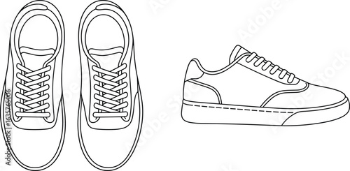 Outline drawing of casual sneakers showing top and side views, ideal for footwear fashion and design resources, simple and versatile