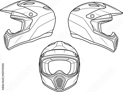 Off-Road Motorcycle Helmet Technical Illustration, Front and Side Views, Flat Sketch Vector Template for Product Design and Safety Gear