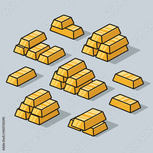 Illustration of multiple stacks and single bars of shiny gold bullion on a gray background.