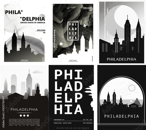 Philadelphia, Pennsylvania USA city poster pack, black and white flyers with landmarks and text. Travel vector illustration collection for print, brochure, leaflet, web, page, presentation, book
