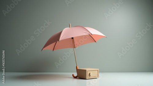Wallpaper Mural Small pink umbrella over cardboard box staged as symbolic still life representing protection hazard and miniature disaster scene Torontodigital.ca
