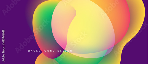 Abstract colorful shapes overlap, creating vibrant gradients. Purple background complements flowing design elements. Modern aesthetic.