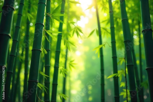 Lush green bamboo stalks, sunlight filtering through leaves, creating a serene and vibrant natural scene Perfect for nature, tranquility, and eco-friendly themes , lush green, serene