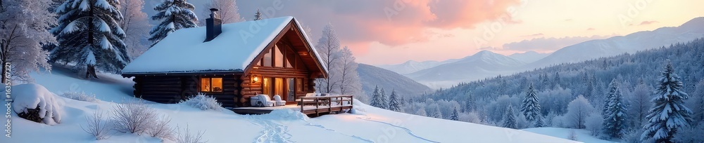 Fototapeta premium Cozy cabin nestled in a snowy landscape, perfect for a winter retreat Large windows offer stunning views of frosted trees and a tranquil atmosphere , escape, tranquil