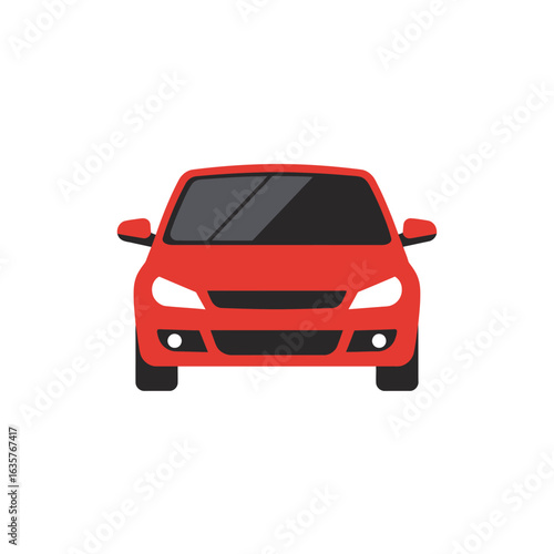 A vibrant red sedan car is prominently displayed from the front, showcasing its sleek design in a clean, isolated vector illustration.