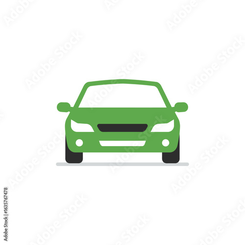 A green car faces the viewer, rendered in a flat, minimalist style against a clean white background, ideal for transportation or environmental themes.