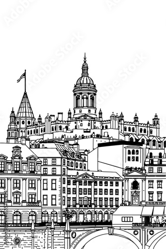 Edinburgh, UK Scotland black and white coloring page for adults. European city, cityscape, buildings, bridge, landmarks, cathedral, castle vector outline doodle sketch for anti stress color book