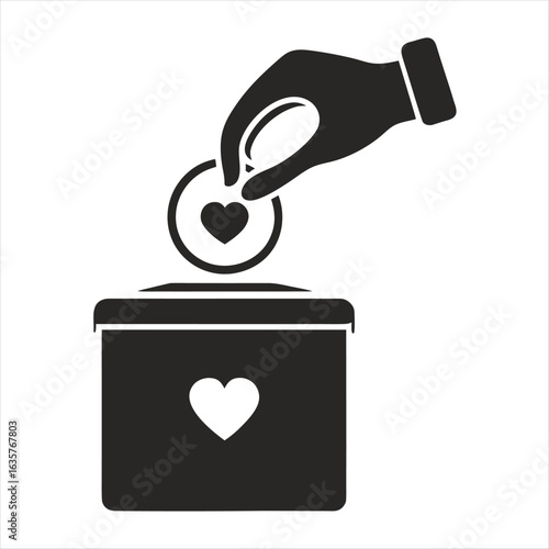 Hand dropping coin with heart into donation box with heart symbol