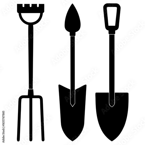Black garden tools silhouette gardening rake