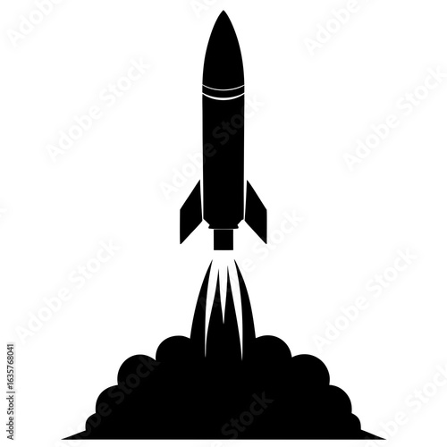 Black rocket launching with smoke silhouette white