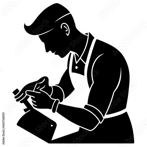 Black silhouette of a butcher sharpening a knife cleaver
