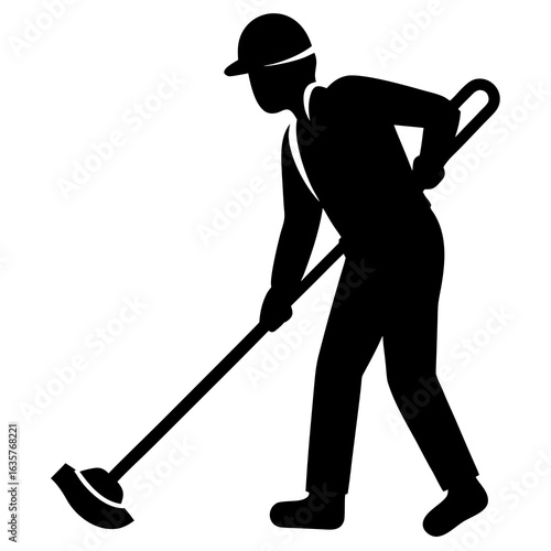Black silhouette of person sweeping broom cleaning