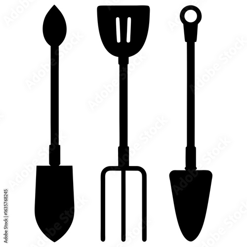 Black silhouettes of garden implements gardening tools