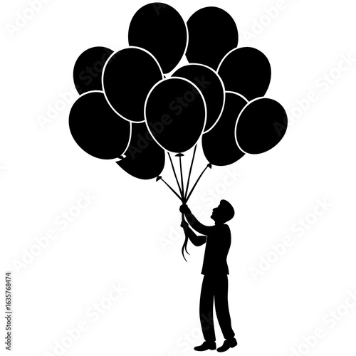 Man holding many black balloons person silhouette