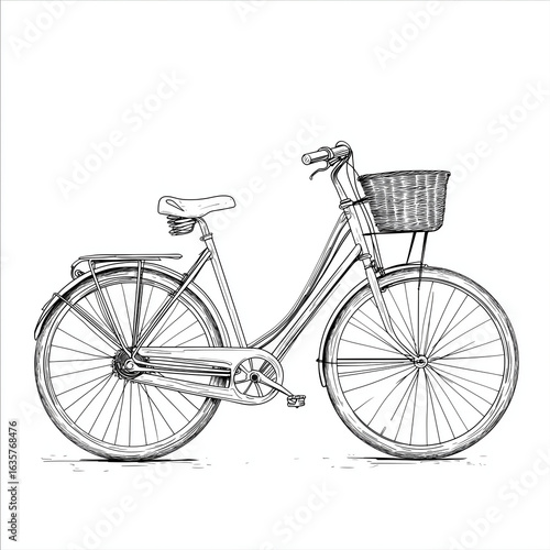 Detailed line drawing of a bicycle with a basket on the front in black and white illustration style