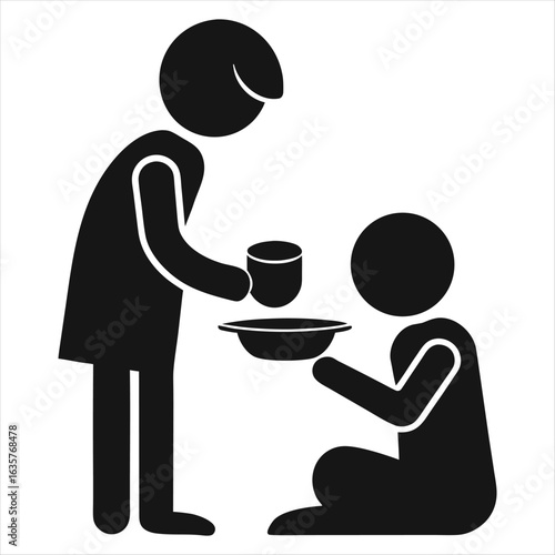 Person giving food and drink to another person
