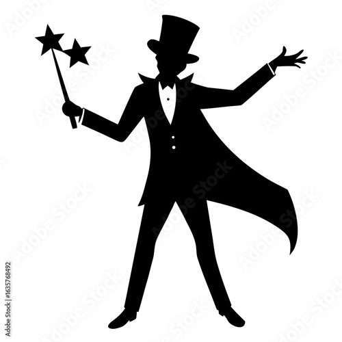 Magician performing with wand and stars silhouette