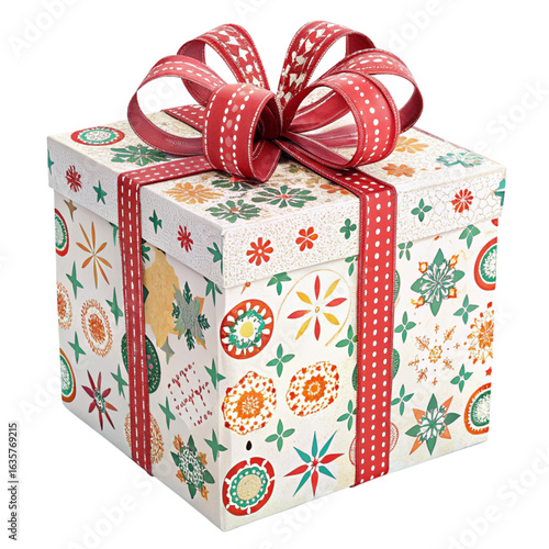 Festive gift box adorned with colorful patterns and a vibrant red ribbon bow, perfect for celebrations.