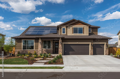Two-Story Denver Home with Rooftop Solar Panels and Landscaped Front Yard