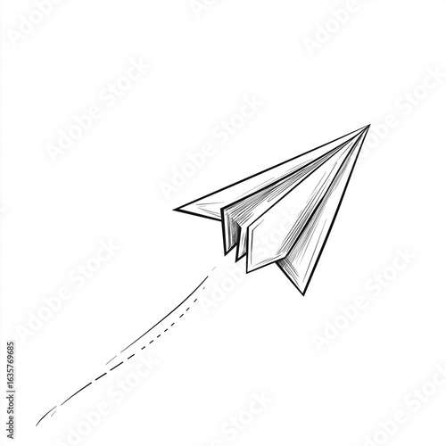A simple line drawing of a paper airplane flying upward with a dotted line indicating its path