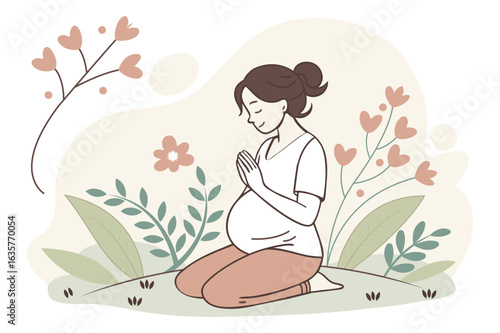 Vector illustration of a pregnant woman meditating outdoors, surrounded by flowers and plants. Calm, peaceful, and perfect for maternity, wellness, and motherhood themes.