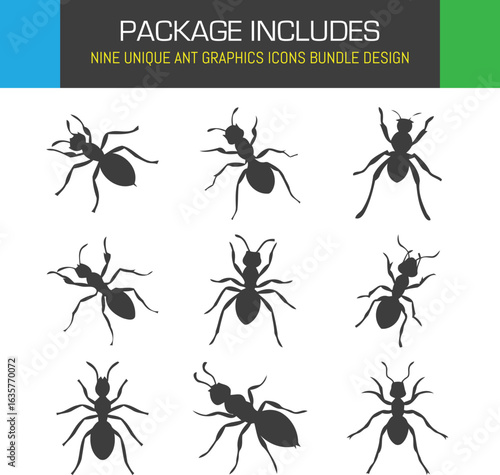 A colony of ants graphic icon bundle design depicting a variety of angles in silhouette
