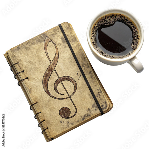 Old music notebook with treble clef symbol and cup of coffee, creative inspiration concept