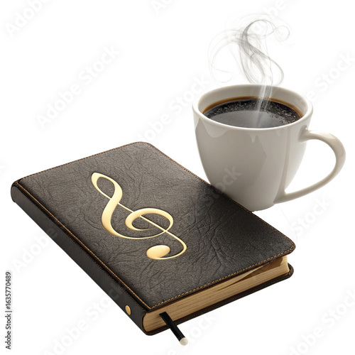 Inspiring morning routine with musical journal and hot coffee, perfect for creators and artists