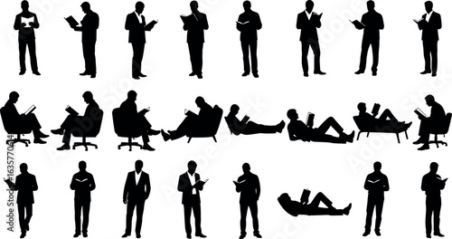 Silhouettes of businessmen reading books, standing, sitting, lying down, office chair, relaxed posture, professional attire, black and white vector illustration