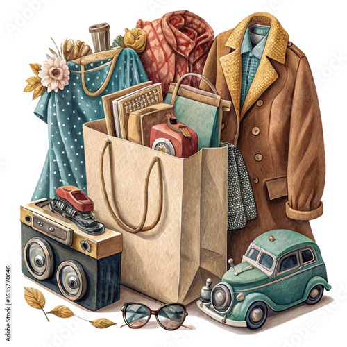 Charming vintage shopping haul with classic coat, retro radio, and toy car
