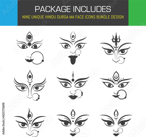 Divine Durga Nine unique Hindu Ma face icons bundle designs in intricate black and white
