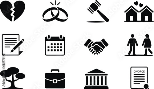 Black and white divorce icons broken heart wedding rings gavel calendar handshake
