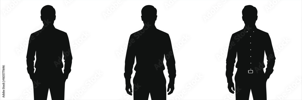 Fototapeta premium Man Silhouette Set - Three Poses, Standing, Casual Style, Black Vector Illustration. Isolated on White Background. Male Figure, Fashion, Design Element, Graphic.