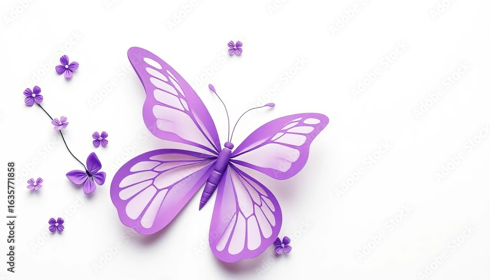 Fototapeta premium Whimsical purple butterfly paper cut, delicate wings, white background , book illustration, children's book