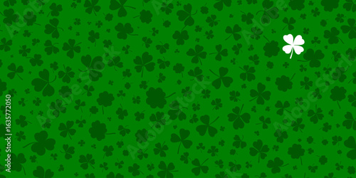 Shamrock or green clover leaves pattern background flat design vector illustration. St Patricks Day shamrock symbols decorative elements horizontal pattern texture.