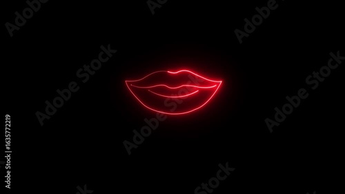 neon lip icon animation,female mouth sign of kiss neon icon motion,neon glowing line lips sign, icon animation on the black background.glowing neon lips icon isolated 4k video animation.