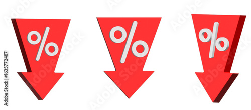 Red 3D Sale Price Tag Arrow Icons with Percentage Symbol, market price up date, market price discount, price low
