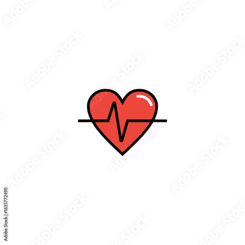 Red heart icon with a black outline and a heartbeat line through it, isolated on a white background.
