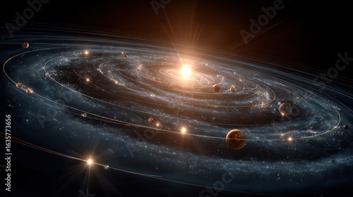 Star surrounded by five glowing planetary orbits highlighting habitable zones.