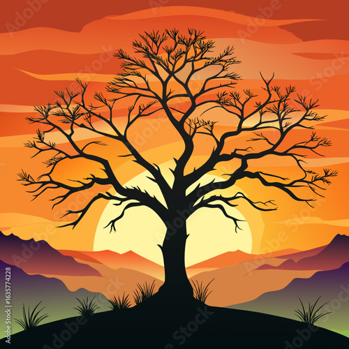 Silhouette of a leafless tree at sunset, minimalist landscape illustration, warm autumnal colors.