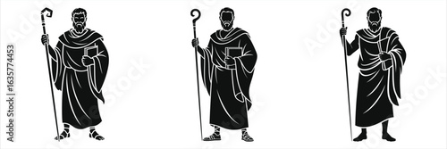 Set of biblical apostle silhouettes. Ancient prophet or saint with staff and book. Wise man in robe vector icon collection. Greek philosopher or religious leader character illustration.