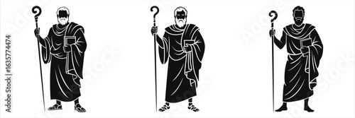 Set of biblical apostle silhouettes. Ancient prophet or saint with staff and book. Wise man in robe vector icon collection. Greek philosopher or religious leader character illustration.